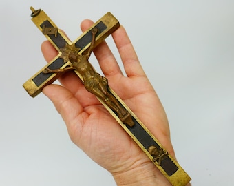 Grand crucifix en laiton 10" ébène os croisés croix Jésus dieu RARE Inri sacré coeur