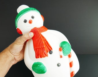 Vintage Blow Mold Plastic Snowman with red scarf green Hat 15'' holiday decor small NO LIGHT
