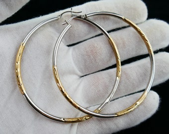 10k yellow gold hoop earrings 2 tone hoop Earrings etched 6.5cm