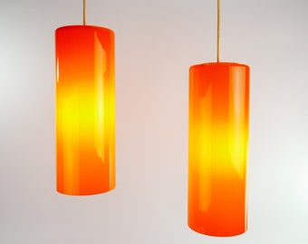 Made in Denmark Mid Century Modern Glass Tubular Pair Of Pendant Lamp Orange 2 MCM