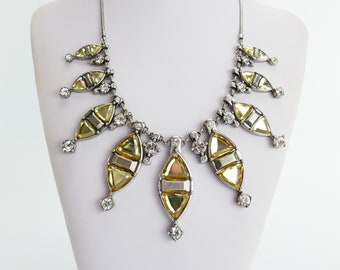 Large Statement necklace Lia Sophia Rhinestone yellow and clear rhinestone silver tone costume jewelry