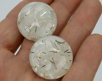 Vintage Unsigned Costume Jewelry Round White Plastic Lucite Confetti Gold Glitter clear moon glitter FUNKY Clip On Earrings POP