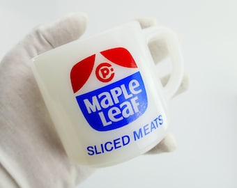 Vintage Federal Glass Advertising Maple Leaf Sliced Meats Coffee Mug Milk Glass Mug Milkglass