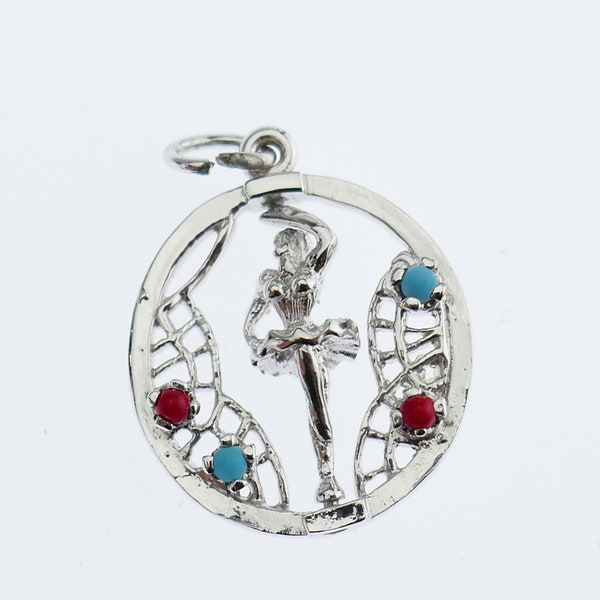 Vintage rotation ballerina open work charm 925 silver Sterling pendant sterling blue red color stone