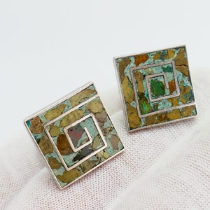 Gemelos de mosaico cuadrado vintage gemelos Sterling Taxco Plata 925 incrustaciones de piedras trituradas