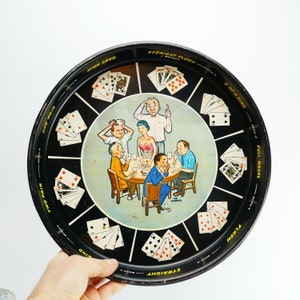 Plateau rond de service de bière en métal « Poker Night » vintage Joe Carpenter Cartes de jeu de dessins animés