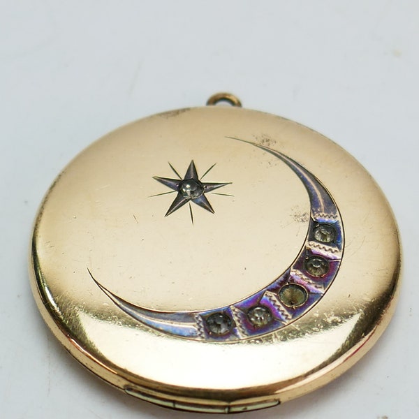 Antique crescent Locket Star Moon Rhinestone Gold Filled Round Pendant - RBM ATRICE 1874 bee