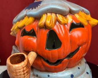 Vintage ceramic 1987 Brinn's Halloween Pumpkin Scarecrow Head lighted spooky decor night light jack-o-lantern pipe