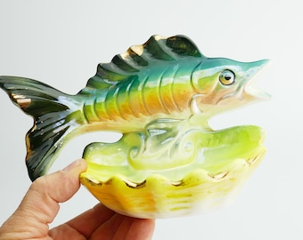 Vintage Mid Century Fish Japan - Dish Soap Holder jewelry displays empty pocket Gold Green Yellow turquoise nautical decor