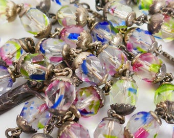 Vintage Silver Sterling Religious Rosary Rainbow Iris Glass Beaded Catholic INRI chapelet