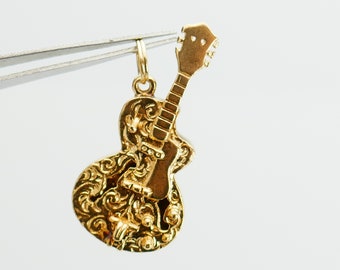 Pendentif musicien 3D vintage guitare porte-bonheur en or jaune 10 carats - Or massif - Joaillerie