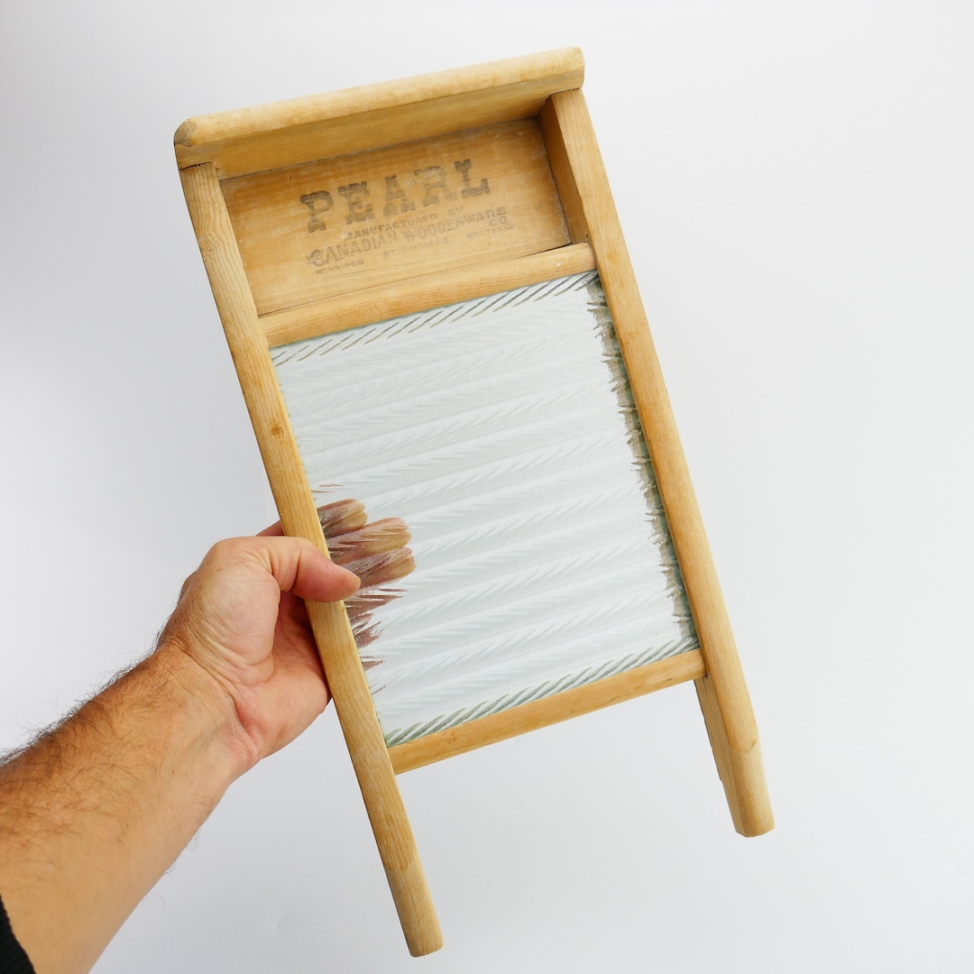 Antique Canadian Quebec Wood Washboard PEARL BRAND Glass Panel Old Wash