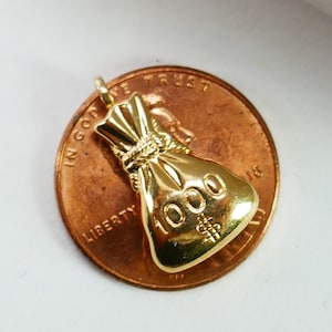 Ciondolo a forma di sacco porta soldi vintage 3D in oro giallo 10K - 1000 dollari - Oro massiccio - Gioielleria raffinata