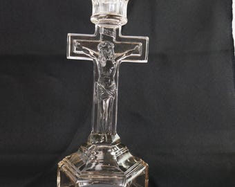 Castiçal de vidro transparente antigo com crucifixo de Jesus -