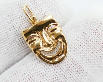 Vintage theater face mask 14k Yellow Gold Pendant lucky celestial happy face - Solid Gold - Fine Jewelry