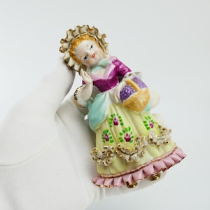 Vintage Ruffle dress bonnet basket purse pink Girl decor figurine in Porcelain Japan