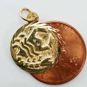 Pingente medalhão vintage de ouro amarelo 10K com símbolo do zodíaco escorpião, signo astrológico do escorpião, 0,8g, joia fina, ouro maciço