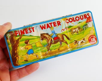Conjunto de tinta aquarela vintage em lata litografada, material de arte retrô, item de colecionador para pintores, lata colorida para colecionadores com tema de fazenda e cavalos.