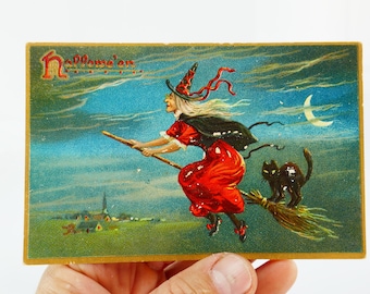Original Antique Embossed "TUCK'S 150 Witch Broom Moon Black Cat" Halloween Postcard Trick or Treat Decoration