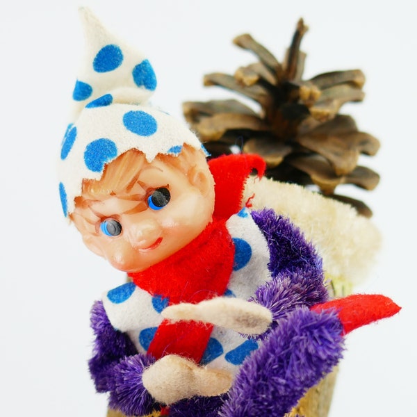 Vintage Christmas Japan Pixie Elf Pipe Cleaner With Gold Boot pine cone blue polka dot