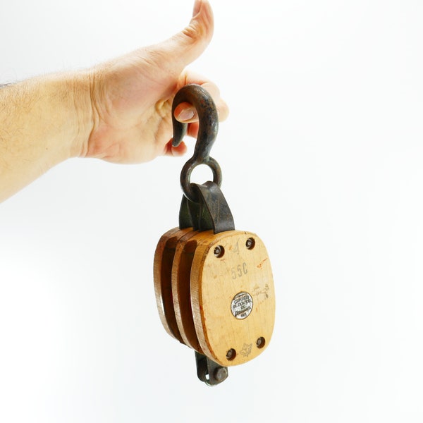 Vintage Wood Pulley with hook, a double pulley with iron hook, authentic vintage