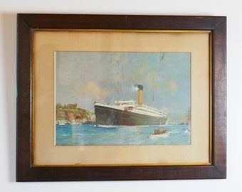 Framed 1910's Antique Ocean Liner RMS Laurentic Megantic White Star Line lithography