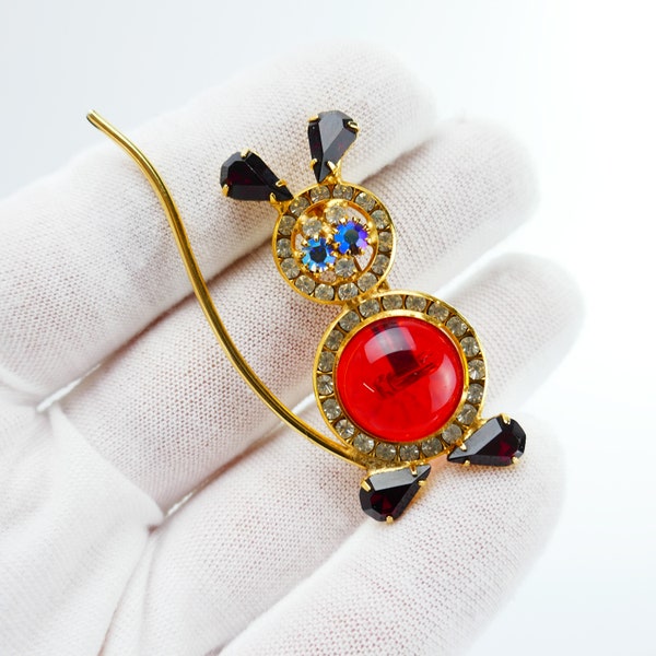 vintage red jelly belly Mouse Figural Brooch Pin  - Costume Jewelry red rhinestone clear & blue gold tone