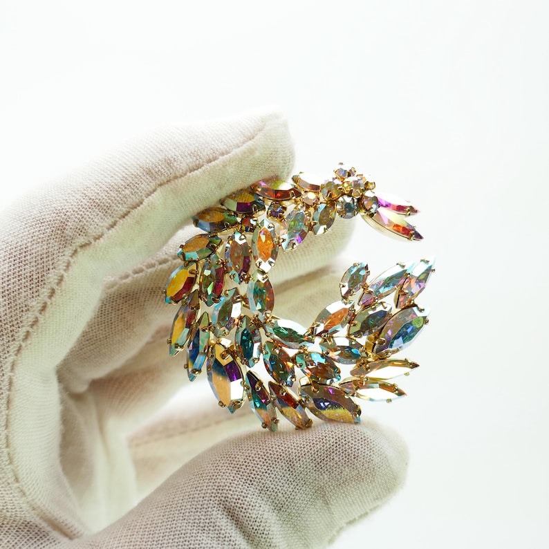 Vintage SHERMAN Curved Leaf Brooch AB Swarovski Crystal Costume Jewelry