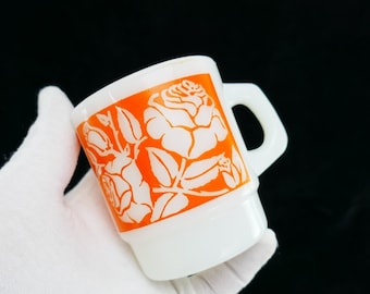 Vintage Fire King - Pattern Orange Roses Design Coffee Mug Cup Milk Glass Anchor Hocking