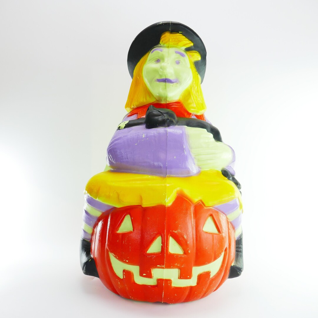 Vintage TPI 1993 Plastic Blow Mold Pumpkin Citrouille Black Cat Witch