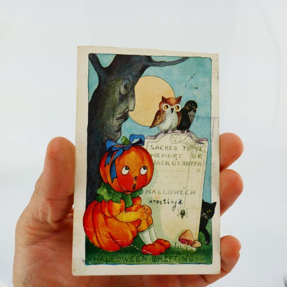 Original Antique Embossed Whitney Pumpkin Girl Gravestone  Whitney Halloween Postcard Dog Owl JOL Embossed Vintage Greetings Antique main image 0