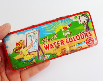 Coffret de peinture aquarelle vintage en boîte lithographiée, matériel d'art rétro, boîte de collection pour peintres, agneau coloré, Angleterre