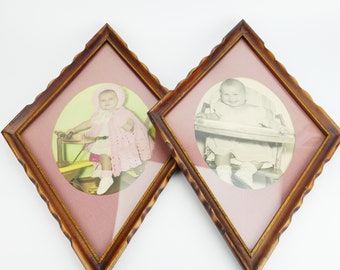 Ultra Kitsch Baby picture Diamond Frame Glass Vintage 1950 Wall Picture Hand Tinted Color Colored set of 2