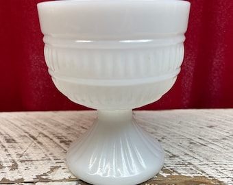 Vintage footed milkglass bowl dish white pedestal milk glass striped geometrical