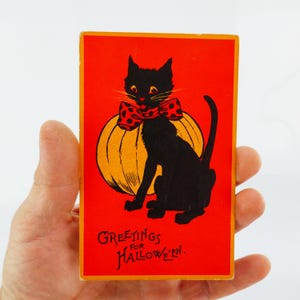 Carte postale d&#39;Halloween originale SAM GABRIEL en relief « Chat noir, noeud citrouille orange » Des bonbons ou un sort
