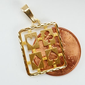 Vintage Deck Card Anhänger 10K Gelbgold Game Night Clover Spade Herz Diamant Solid Gold Fine Jewelry Medaillon