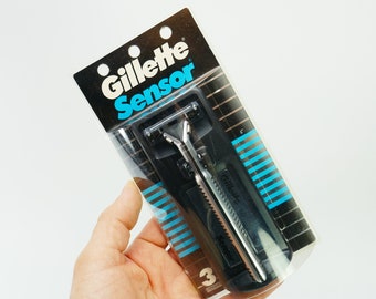 Recharges de cartouches de rasoir à capteur sensoriel Gillette vintage avec poignée en métal, 1989 fabriquées aux États-Unis