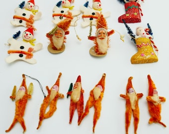 Lot of 14 Vintage Chenille Pipe Cleaner Santa Snowmen ornaments Christmas