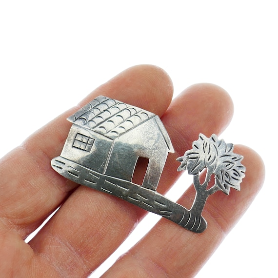 Vintage House home etched Tree Brooch Mexico Ster… - image 1