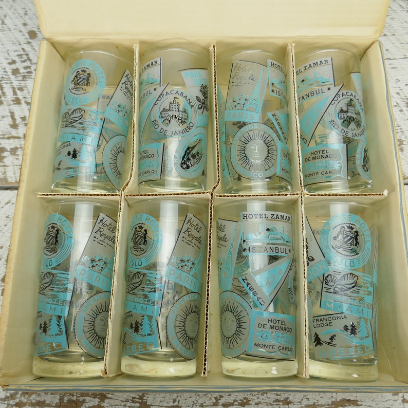 Vintage NOS Mid Century in Box Set of 8 Highball Libbey Partytime glassware Tumblers Glasses Ice Tea Tom Collins USA CANADA Paris Travel