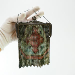 Antique Mesh Bag Vintage Purse Whiting & Davis Handbag Art Deco Enameled Metal  blue pink motif