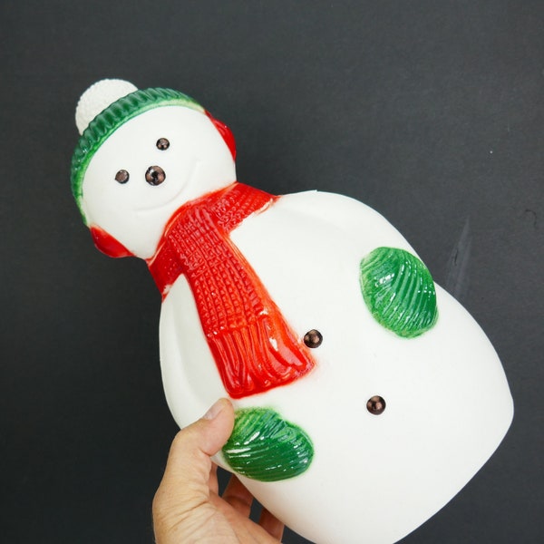 Vintage Blow Mold Plastic Snowman with red scarf green Hat working Lighted 15'' holiday decor small