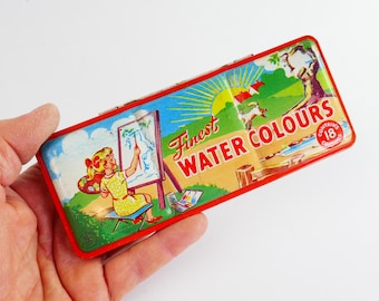Conjunto de tinta aquarela vintage em lata litografada, material de arte retrô, item de colecionador para pintores, lata colorida para colecionadores, menina pintora