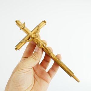 Vintage Wood Metal crucifix Cross Jesus Gold tone God Inri Sacred wooden cross
