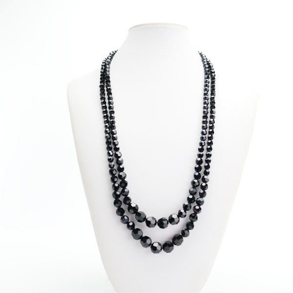 Vintage Sherman Necklace 2 row Black Swarovski crystals beads Signed designer costume jewelry silver tone