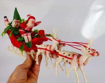 Vintage Big Plastic Santa Sleigh Reindeer Centerpiece Cake Topper Ornaments gift candy cane snowman christmas tree holly Hong Kong 1950s