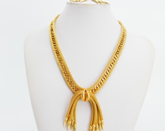 Vintage Continental Necklace chain link & matching Earring Mesh Gold Tone