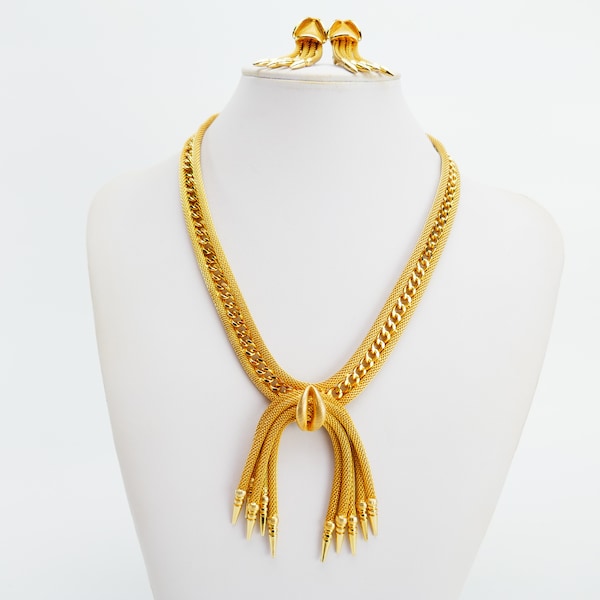 Vintage Continental Necklace chain link & matching Earring Mesh Gold Tone