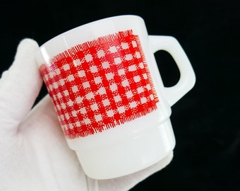Vintage Fire King Milk Glass Mug Milkglass Anchor Hocking Red Gingham Pattern Stackable