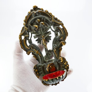 Vintage Jesus Holy Water Font church Metal Gold Tone Paint